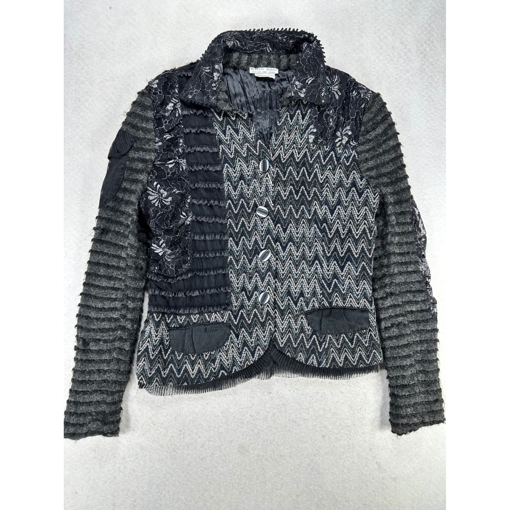Alberto Makali Mixed Media Patchwork Blazer Jacket Lace Chevron Knit Gray Large